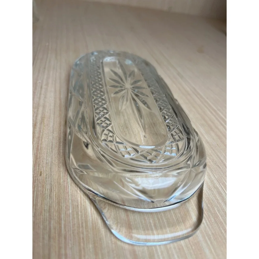 Vintage Clear Pressed Glass Butter Dish w/Lid Starburst Diamond Pattern USA MCM